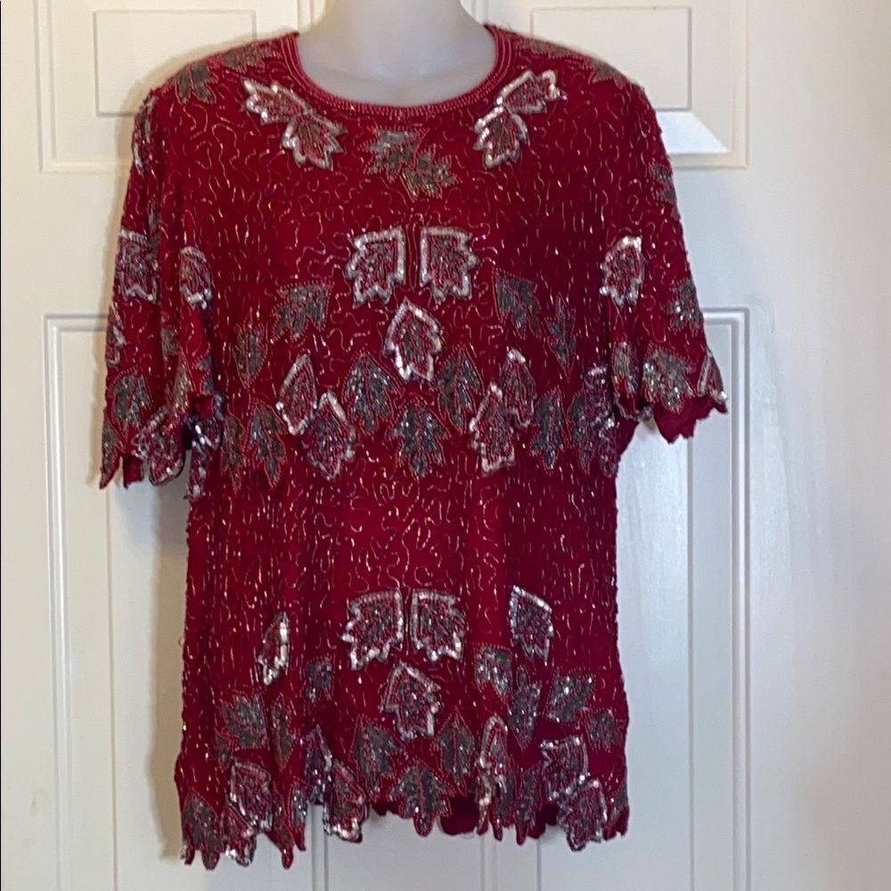VTG, Handmade Elegant Red Beaded Women's Top  Blouse Size Approximate L/XL